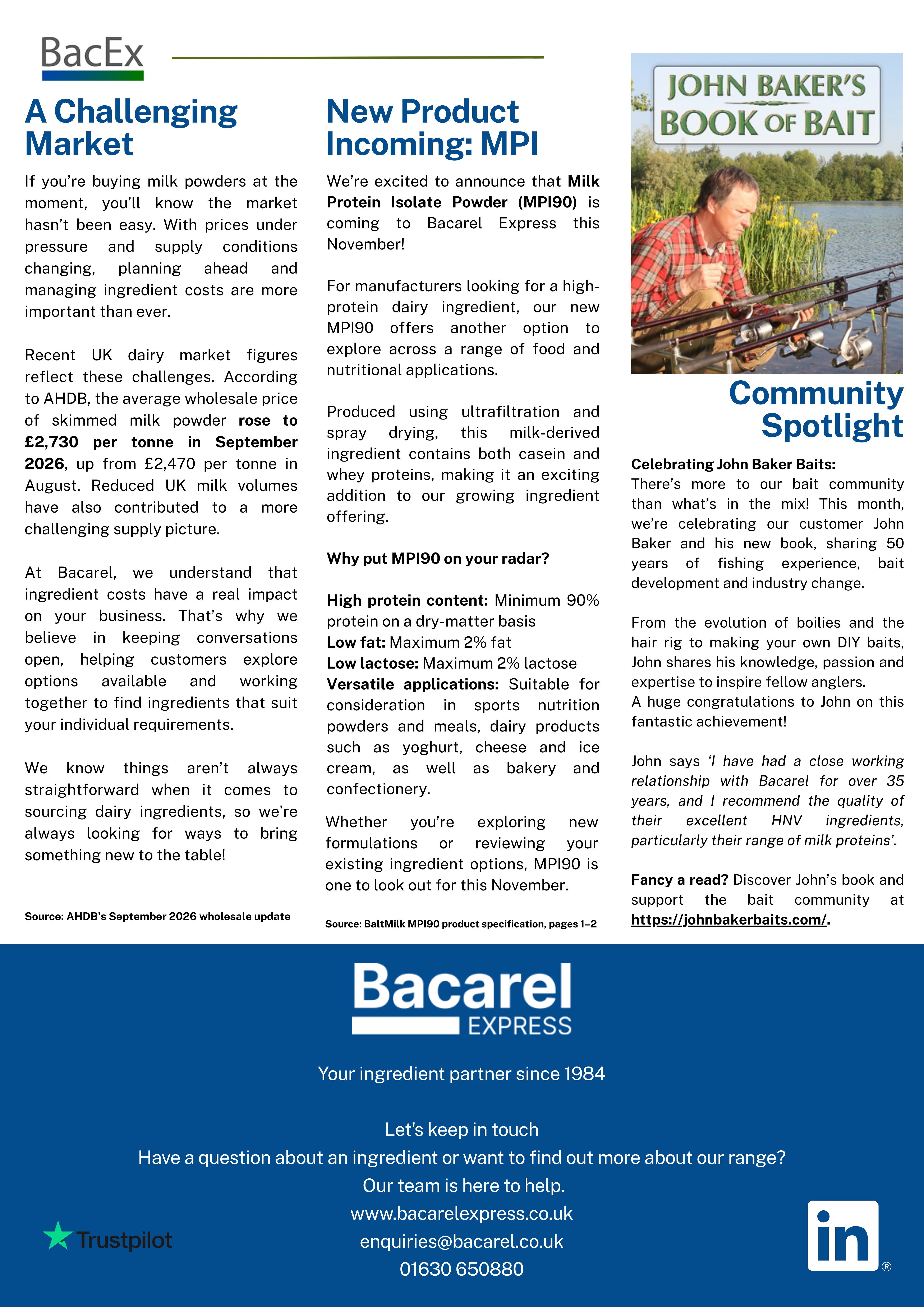 Bacarel Express October 2026 newsletter &acirc; dairy ingredient market updates, MPI90 milk protein isolate launch and John Baker Baits community spotlight.